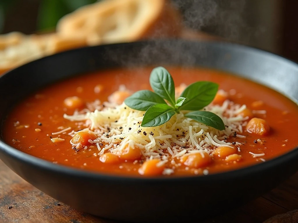 Kitchen sink soup topped with Parmesan and served with bread