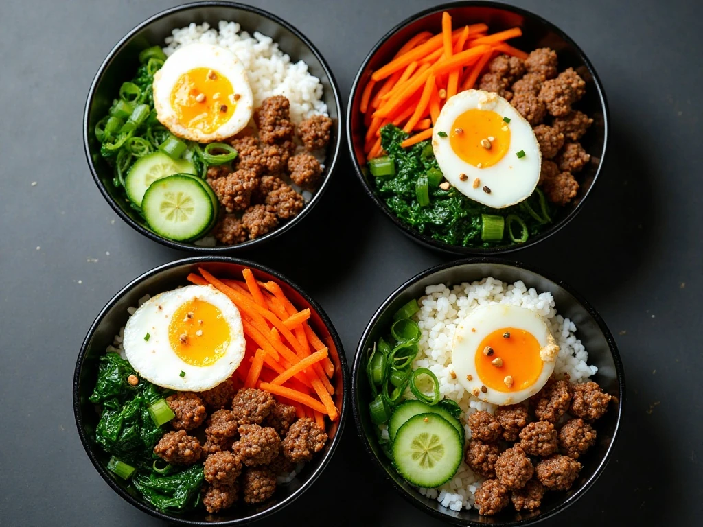 Four colorful Korean rice bowls with beef, vegetables, rice, and fried eggs