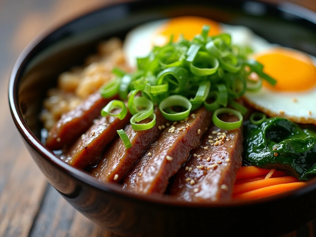 Korean rice bowl topped with sesame seeds, green onion, and fried egg