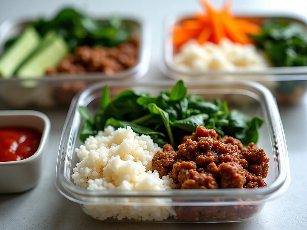 Korean rice bowl components portioned for meal prep