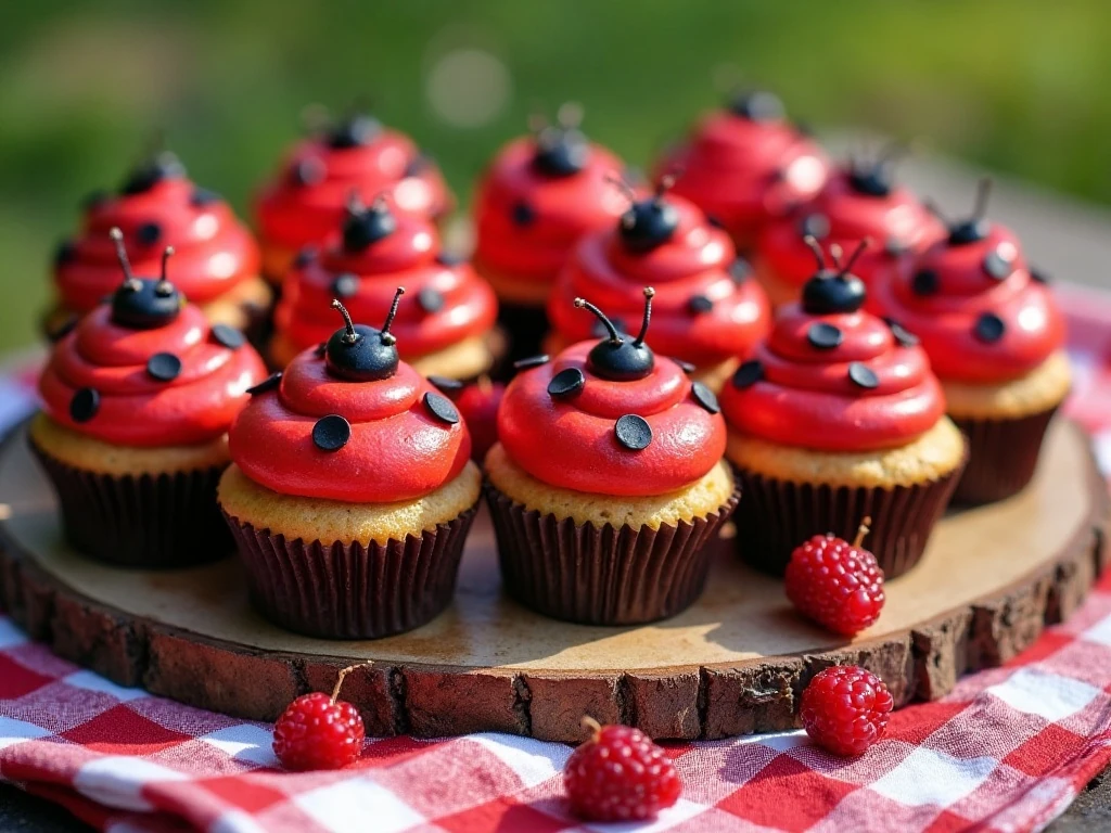 A tray of cute ladybug picnic cupcakes ready for a party