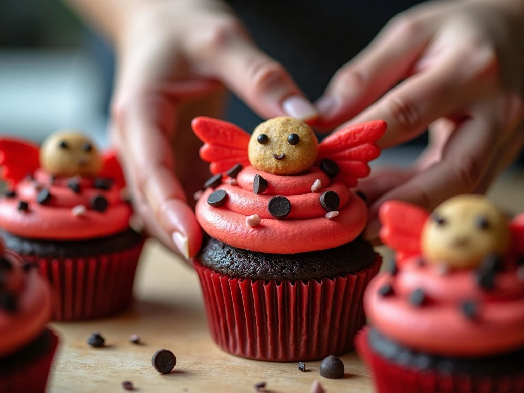 Decorating a red ladybug cupcake with candy wings and spots