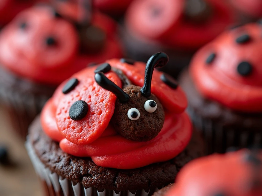 Close-up of ladybug cupcake decorations