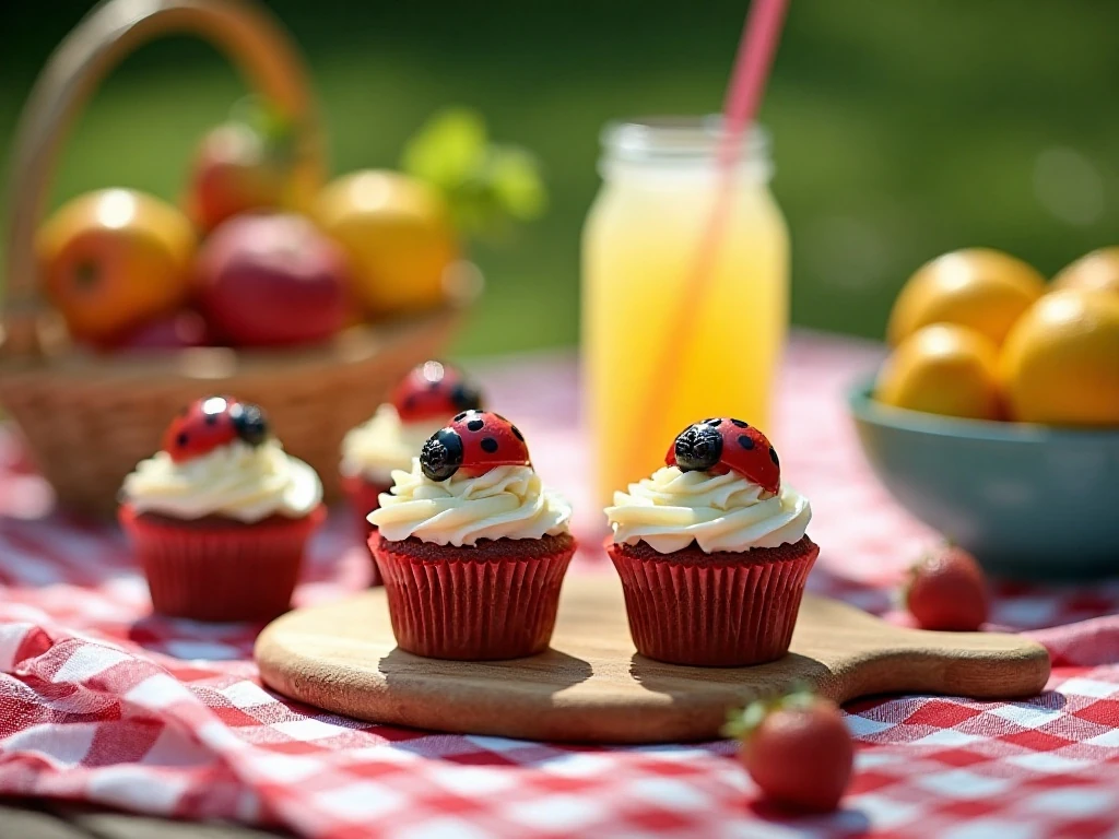 Ladybug cupcakes on a colorful picnic dessert table