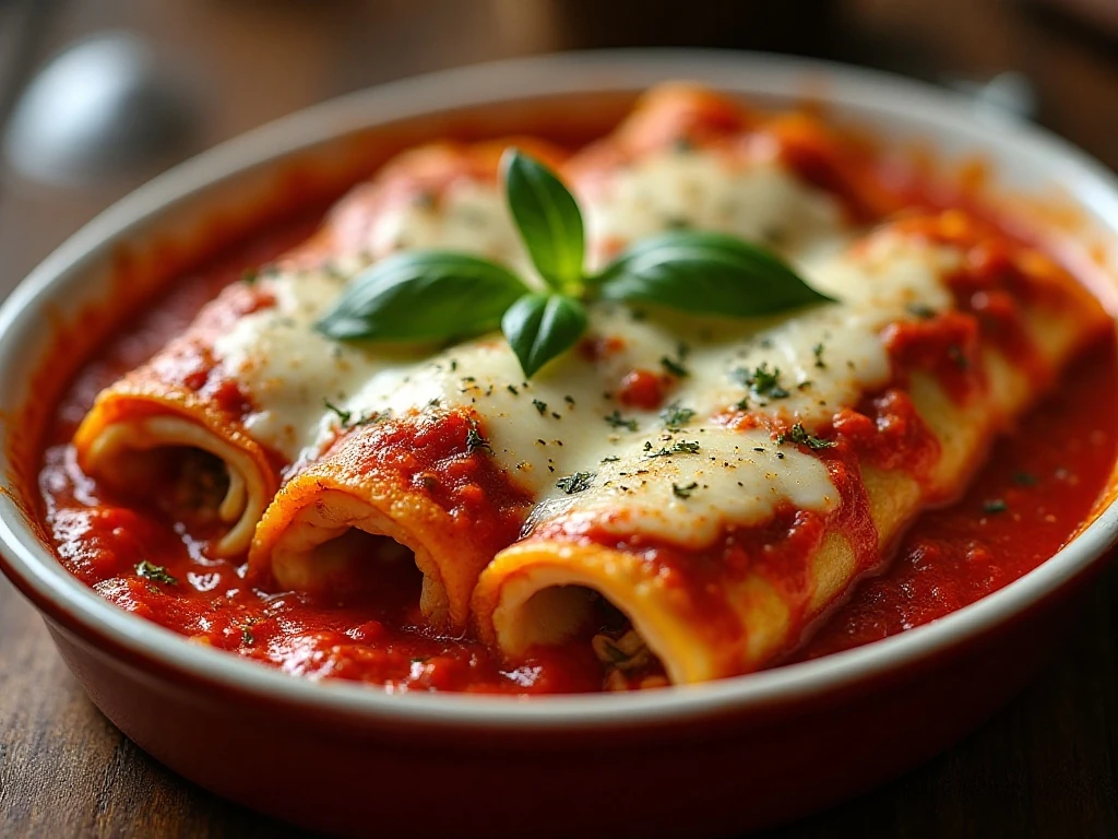 Lasagna roll-ups alla vodka baked with creamy tomato sauce and melted mozzarella