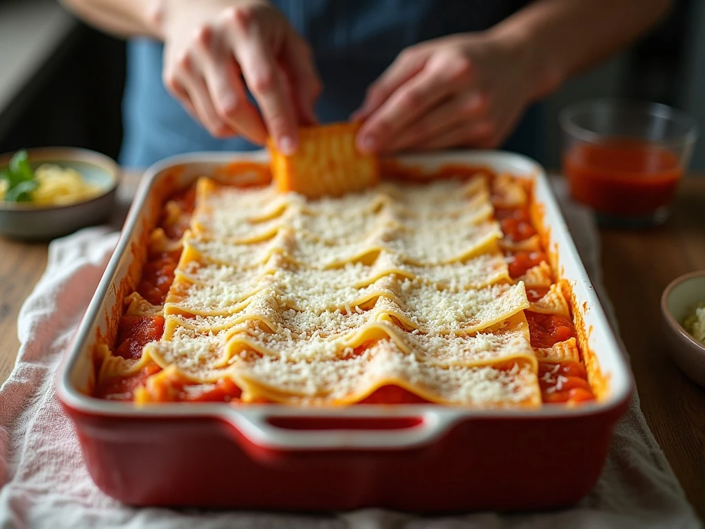 Lasagna noodles arranged seam-side down before baking