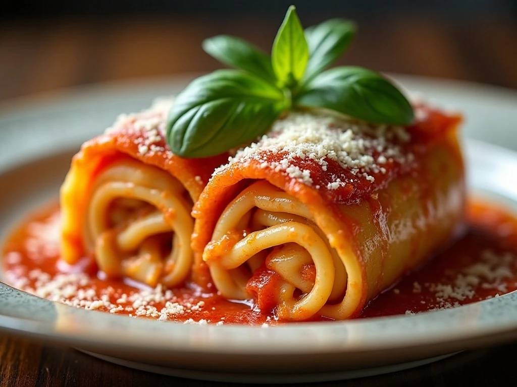 Plated lasagna roll-up garnished with basil and Parmesan