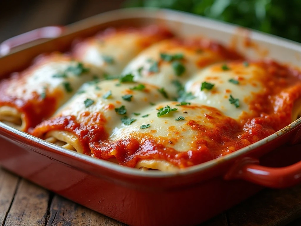 Cheesy lasagna roll-ups baked in marinara sauce