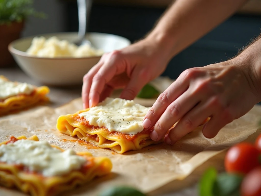 Spreading cheese filling on a lasagna noodle