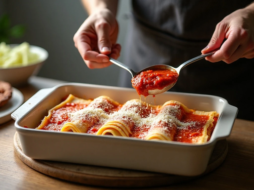 Lasagna roll-ups arranged in a baking dish before baking