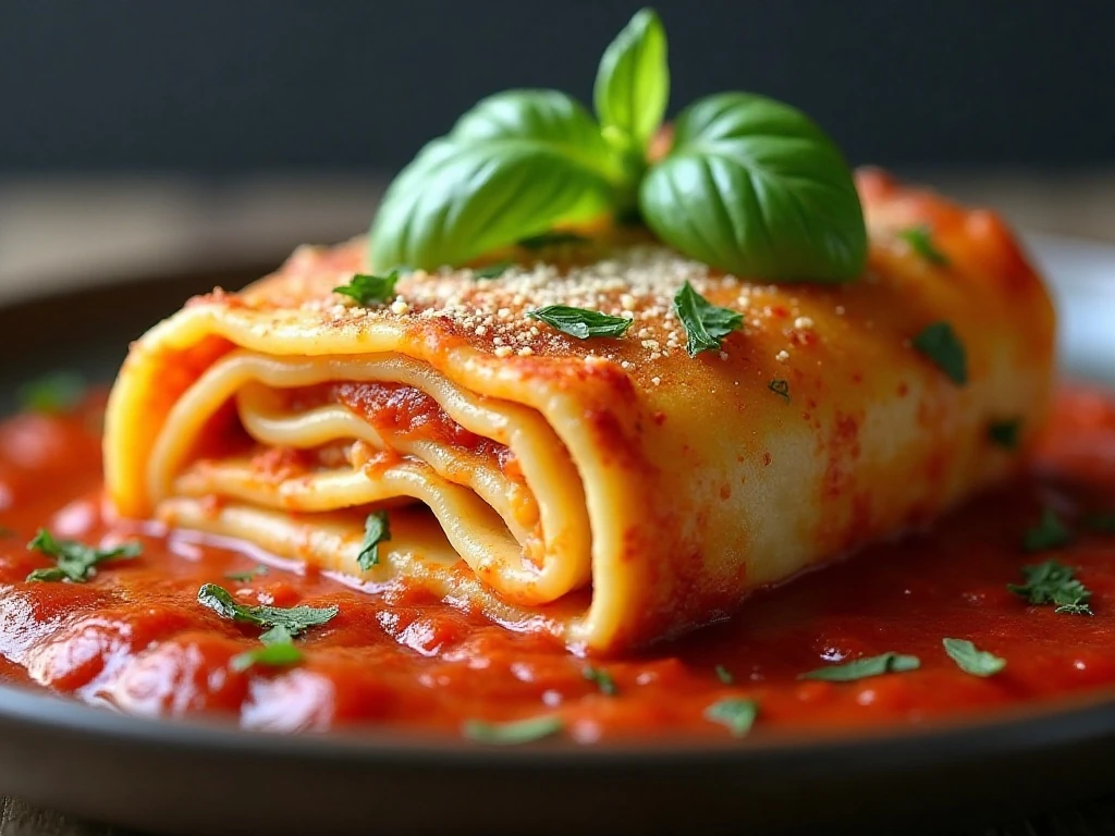 Lasagna roll-up garnished with fresh herbs