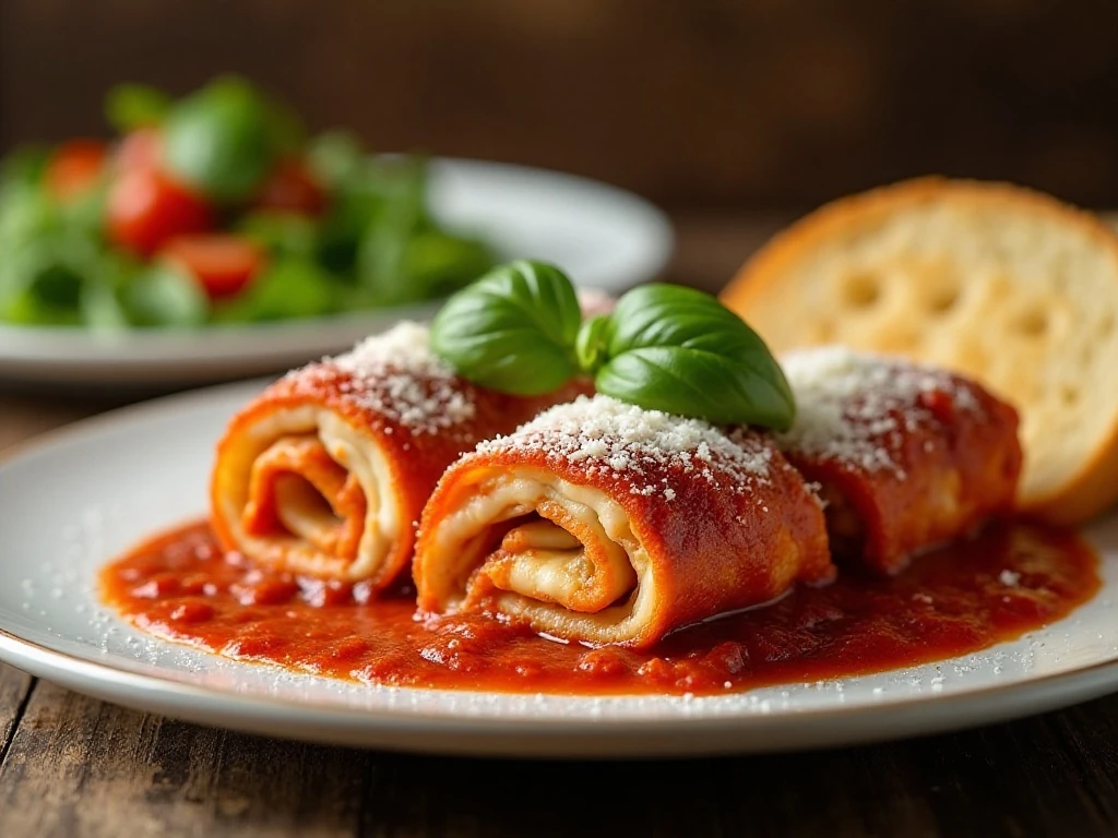 Lasagna roll-ups served with salad and garlic bread