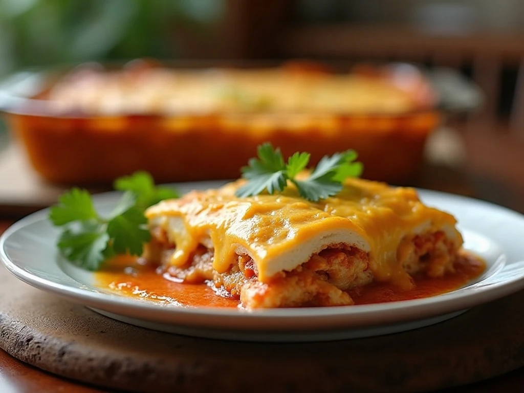 Serving of layered chicken enchilada bake with melted cheddar