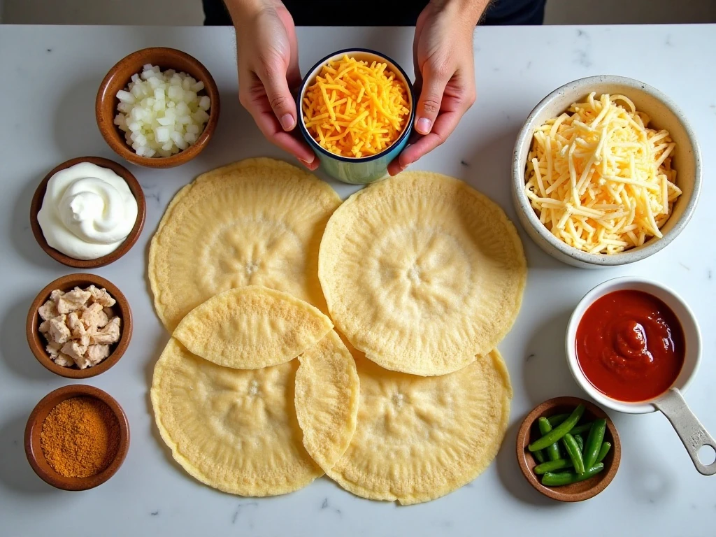 Ingredients for layered chicken enchilada bake arranged on a counter