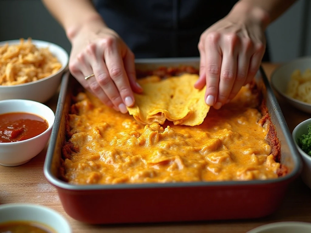 Layering corn tortilla strips in a chicken enchilada casserole dish
