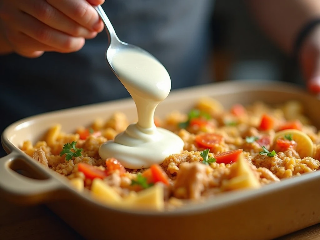 Spreading creamy sauce over chicken and tortilla layers