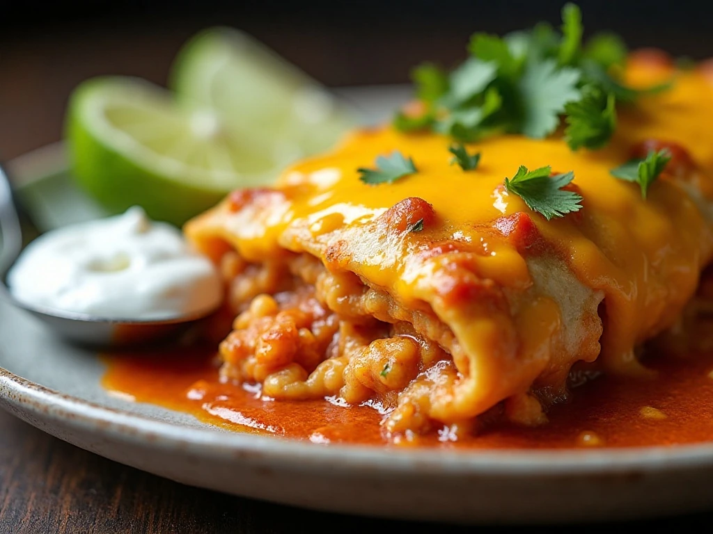 Chicken enchilada bake served with cilantro, lime, and sour cream