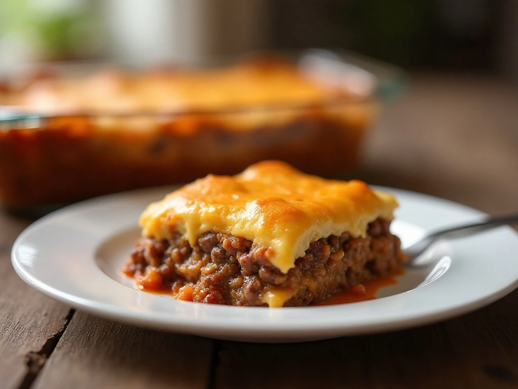 Serving of cheesy layered Dorito casserole with seasoned beef and crushed chips