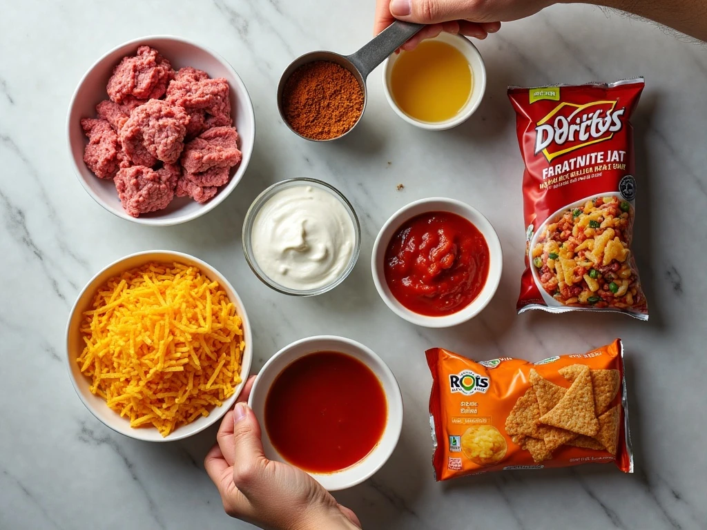 Ingredients for easy layered Dorito casserole arranged on a countertop
