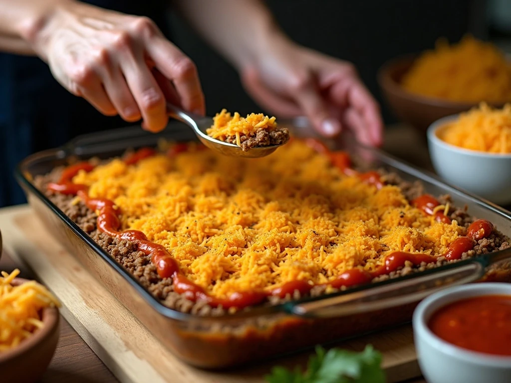 Layering Doritos, seasoned beef, creamy sauce, and cheese for casserole