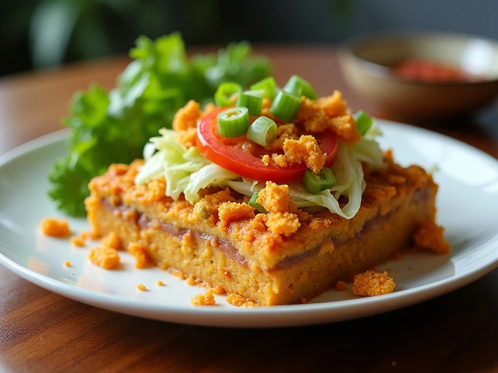 Layered Dorito casserole served with fresh toppings and salad