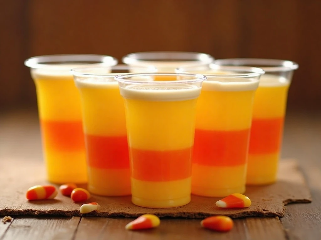 Finished layered Jello Candy Corn Cups arranged for Halloween
