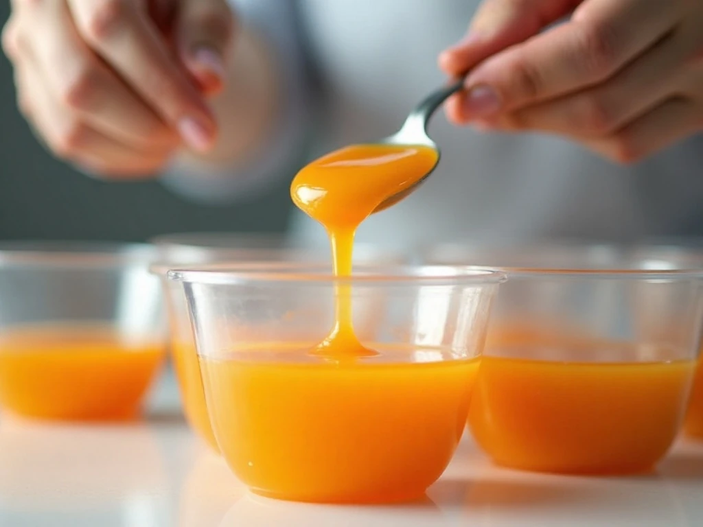 Pouring the orange gelatin layer over yellow gelatin