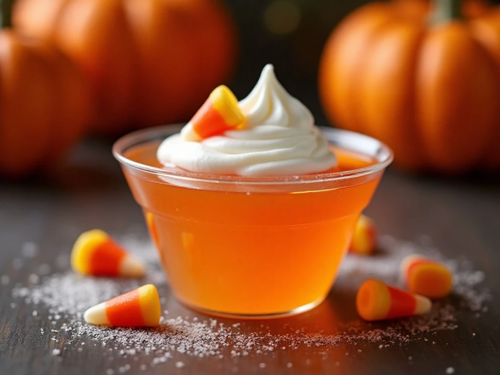 Whipped cream and candy corn garnish on a gelatin cup