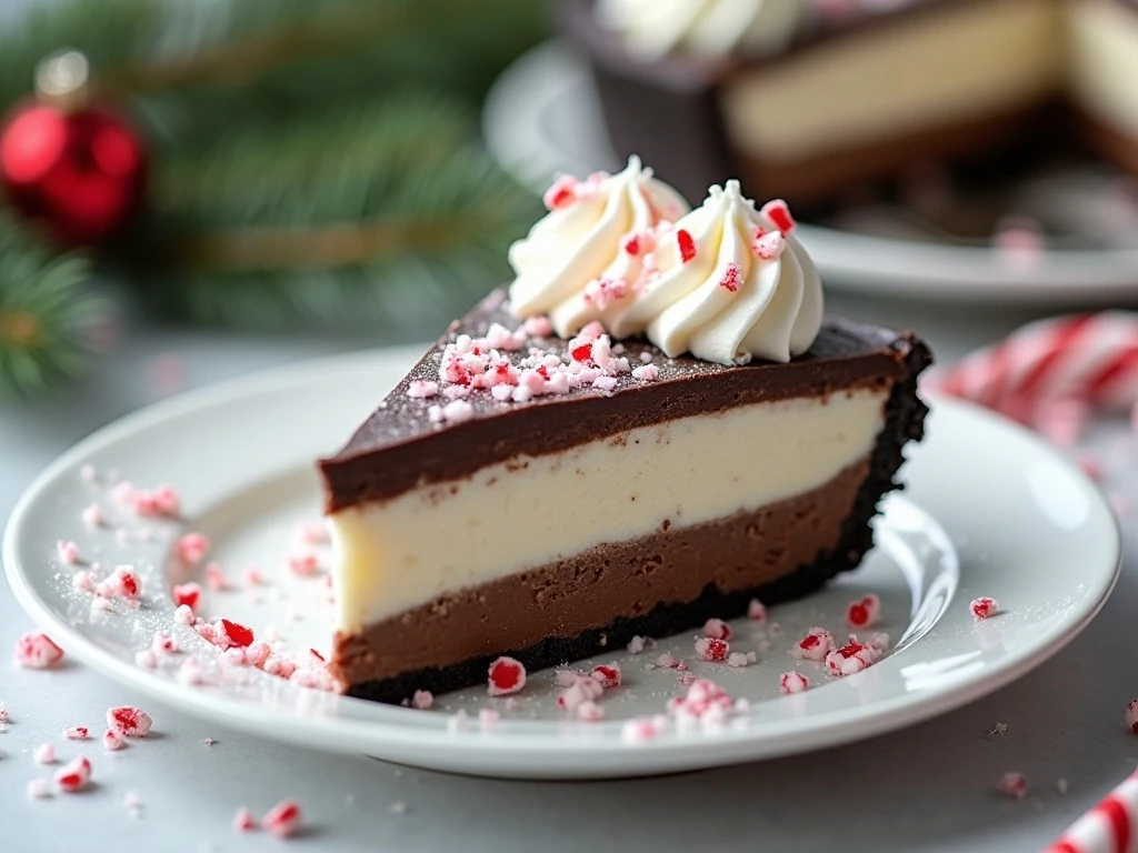 Slice of easy layered peppermint pie showing chocolate and peppermint layers