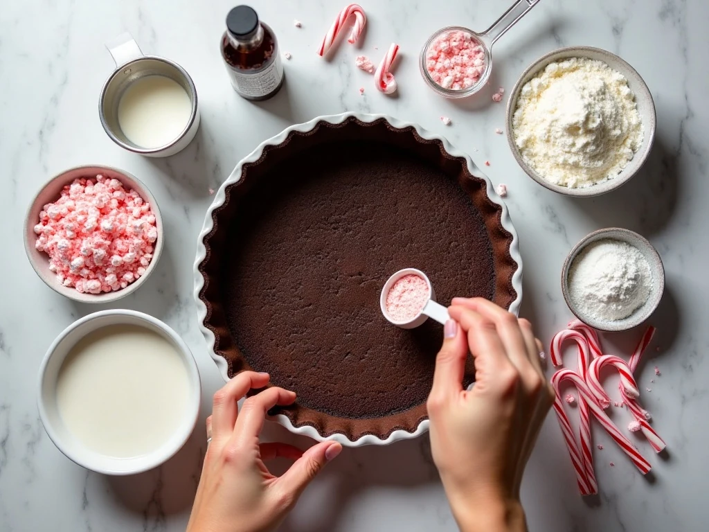 Ingredients for layered peppermint pie arranged for preparation