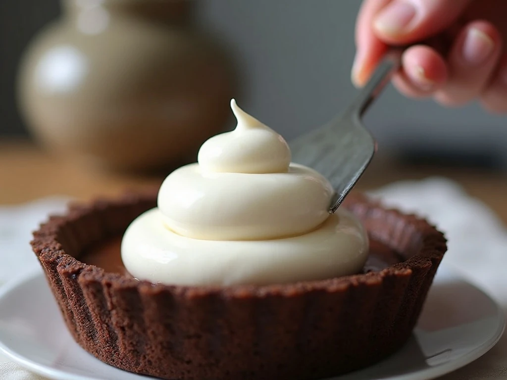 Spreading peppermint cream-cheese filling over chocolate pudding in pie crust