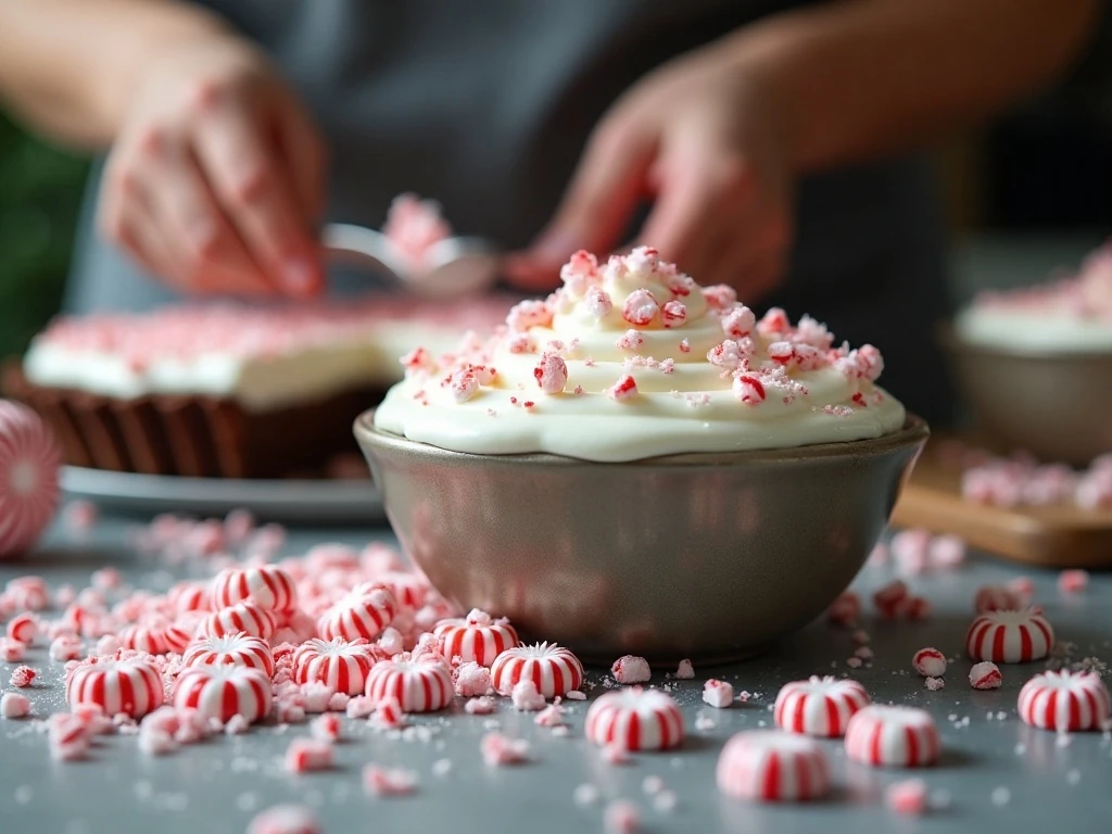 Finely crushed peppermint candy and creamy pie filling for clean layers