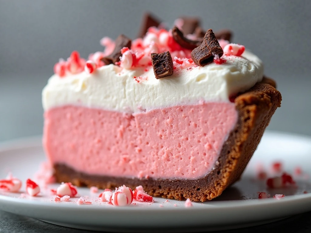Cleanly sliced chilled peppermint pie with candy garnish and chocolate curls