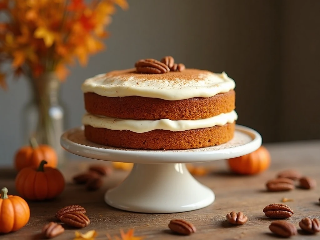 Two-layer pumpkin cake with cream-cheese frosting on a cake stand