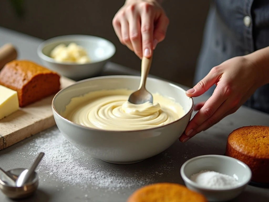 Smooth cream-cheese frosting ready for pumpkin cake