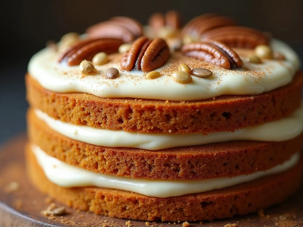 Close-up of even pumpkin cake layers with toasted pecan garnish