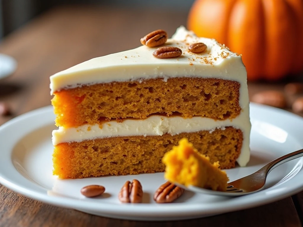 Slice of layered pumpkin cake served with cream-cheese frosting