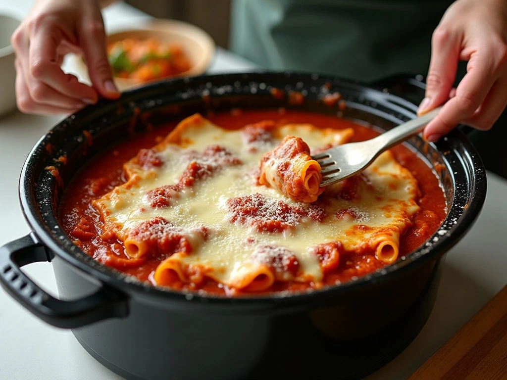 Lasagna noodles fully covered with sauce before slow cooking