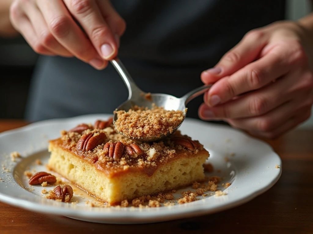 Coconut pecan topping spread over hot oatmeal cake