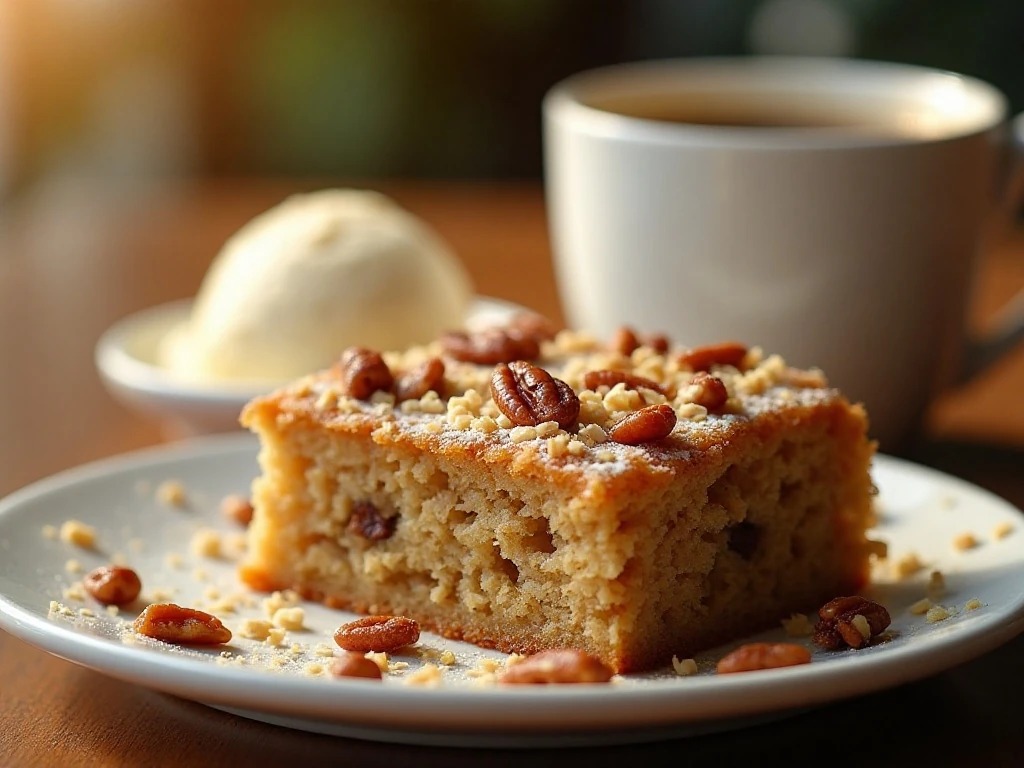 Oatmeal cake square served with vanilla ice cream and toasted coconut