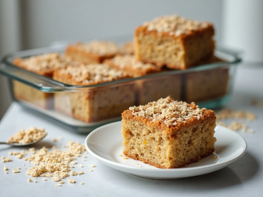 Stored Lazy Daisy oatmeal cake squares in a glass container