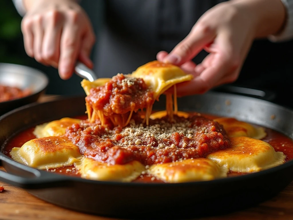 Layering frozen ravioli and meat sauce for lazy lasagna