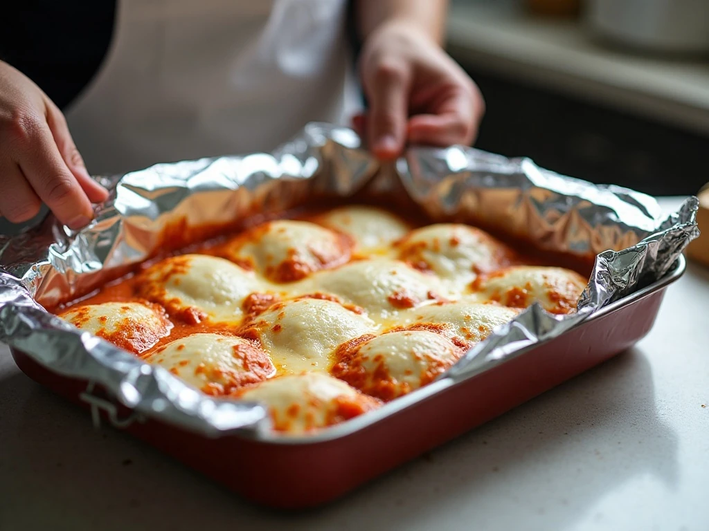 Covered lazy lasagna casserole ready for baking