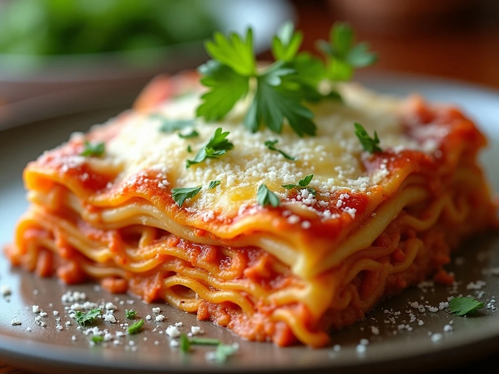Cheesy lazy lasagna serving with parsley and Parmesan