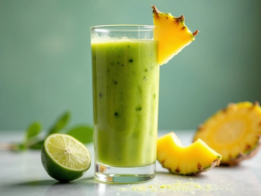 Tall glass of creamy green tropical smoothie with lime