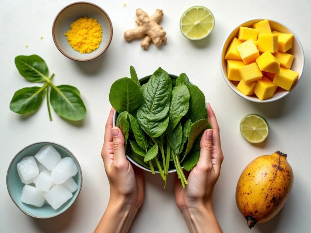 Ingredients for a lean green tropical smoothie arranged on a counter