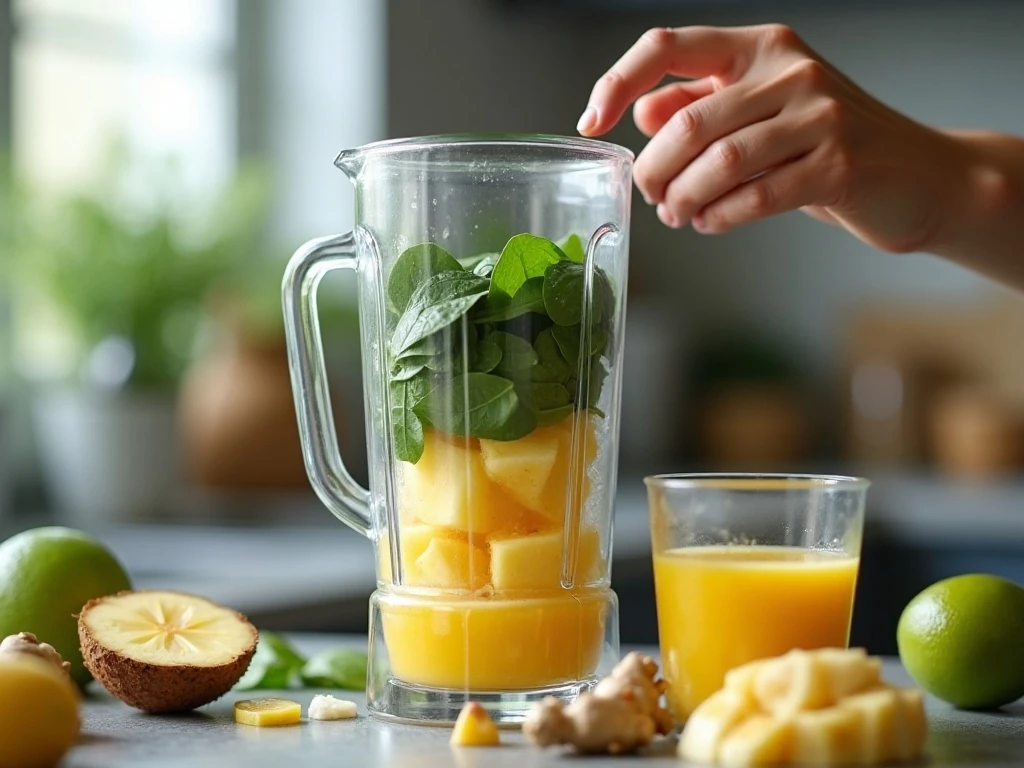 Blender filled with green smoothie ingredients before blending