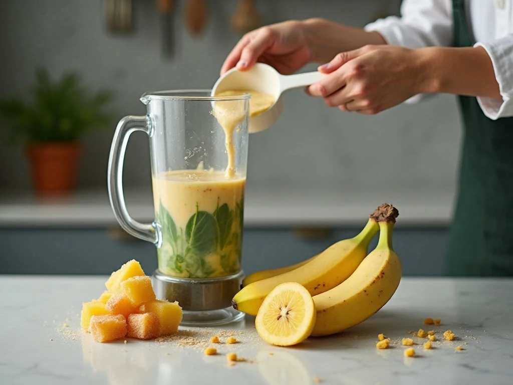Frozen fruit and spinach prepared for a smooth tropical drink
