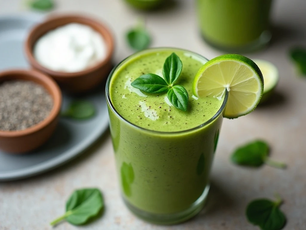 Green smoothie with lime garnish and optional toppings
