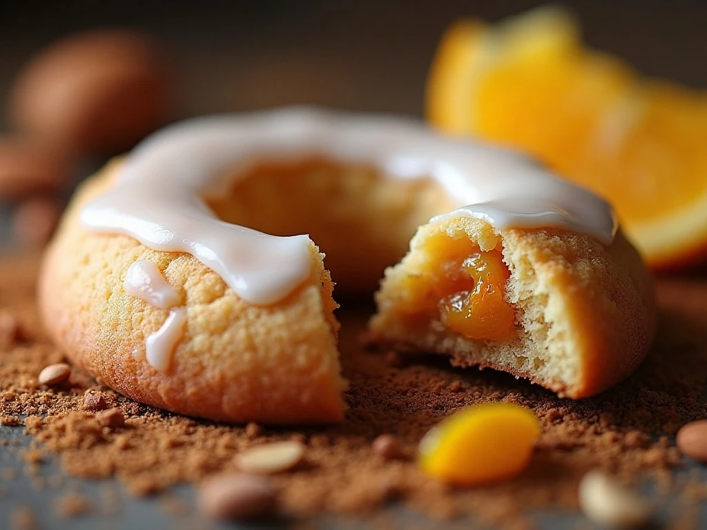 Close-up of soft nutty Lebkuchen with candied citrus and lemon glaze